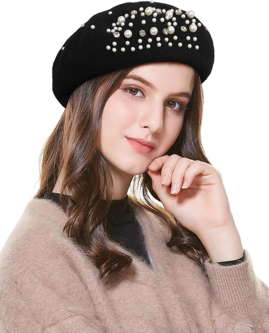 Classic rench Wool Beret with Pearl & Rhinestone Embellishments, Beanie Cap Style Hat or Women and Girls V1259-DP01-E-538