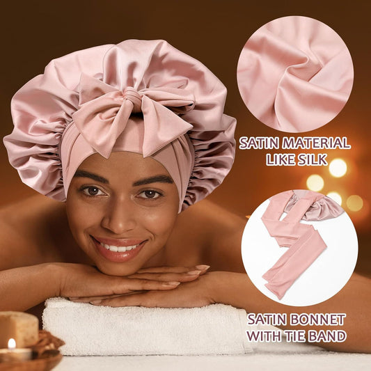Satin Hair Bonnet with Wide Band Silk Sleeping Bonnets Hair Wrap or Women Girls Night Cap with Tie Band Satin V1259-DP01-E-543