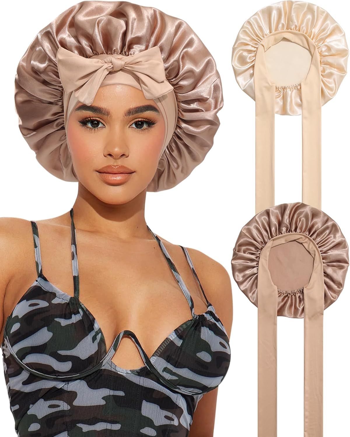 2PCS Satin Bonnets Silk Bonnet or Sleeping Women Curly Hair Bonnet with Tie Band Bonnets Sleep Cap V1259-DP01-E-556