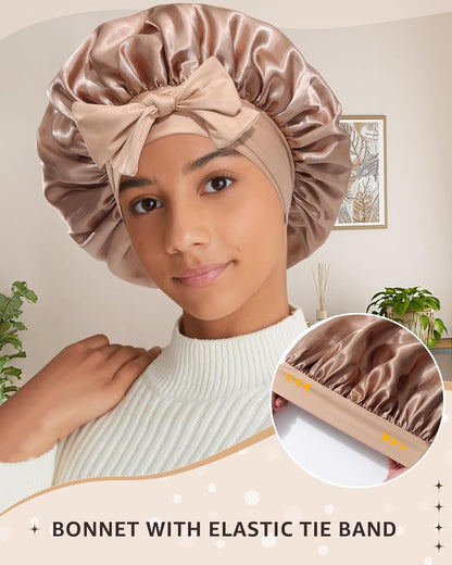 2PCS Satin Bonnets Silk Bonnet or Sleeping Women Curly Hair Bonnet with Tie Band Bonnets Sleep Cap V1259-DP01-E-556