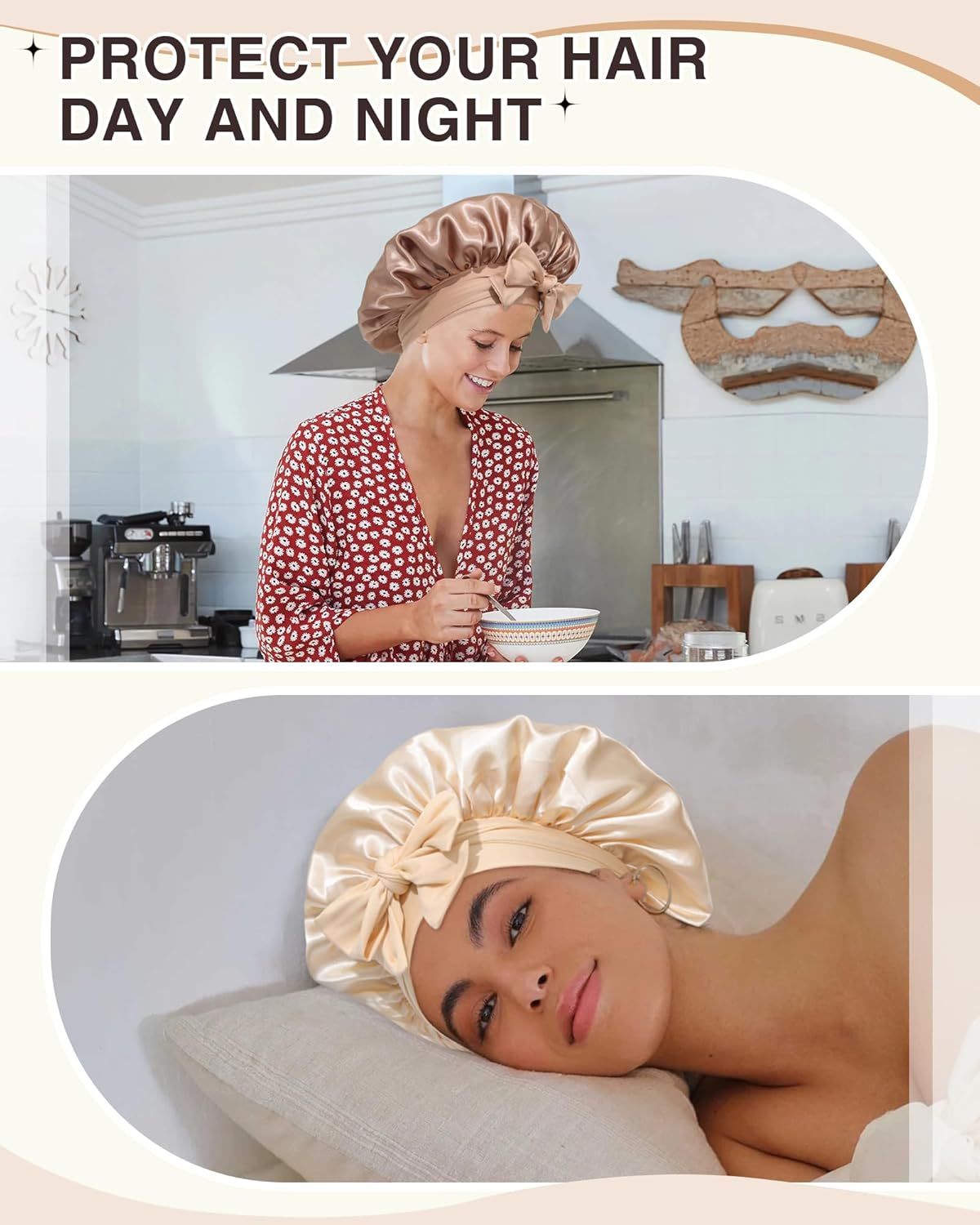 2PCS Satin Bonnets Silk Bonnet or Sleeping Women Curly Hair Bonnet with Tie Band Bonnets Sleep Cap V1259-DP01-E-556