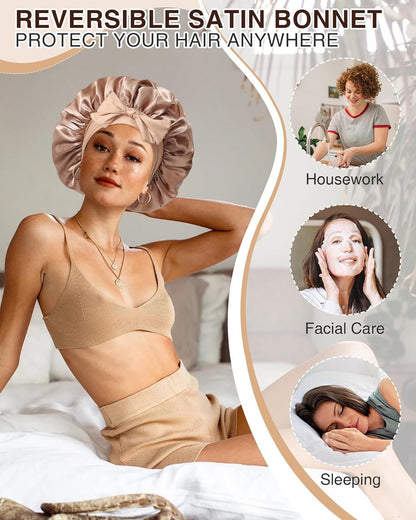 2PCS Satin Bonnets Silk Bonnet or Sleeping Women Curly Hair Bonnet with Tie Band Bonnets Sleep Cap V1259-DP01-E-556