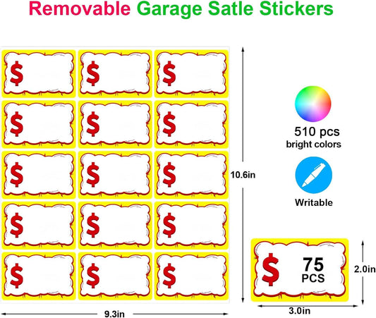 510 PCS Removable Garage Sale Price Stickers, 3"x2" Price stickers or Yard Sales, lea Markets, County airs & V1259-DP01-E-571