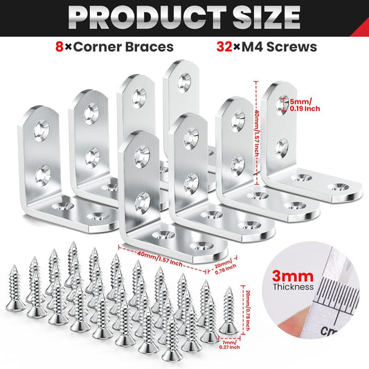 8 PCS Heavy Duty Corner Brace, 40x40mm Stainless Steel Joint Right Angle Brackets with Screws, 90 Degree Wall V1259-DP01-E-580