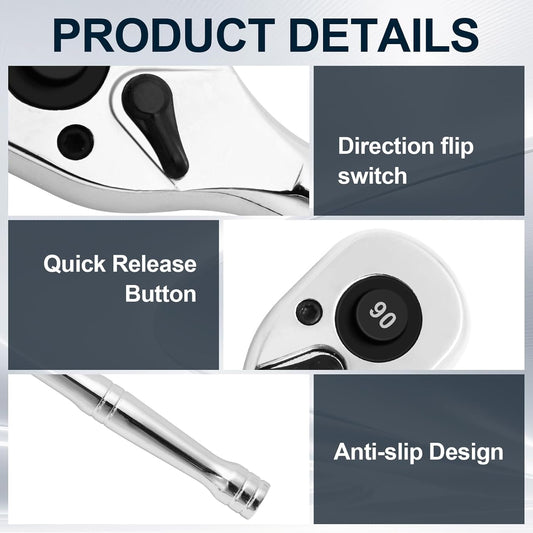 Biaungdo 1/4 Inch Drive Ratchet with 1/4" to 3/8" Adapter, 90-Tooth Reversible Quick-release Ratchet Wrench, V1259-DP01-E-59