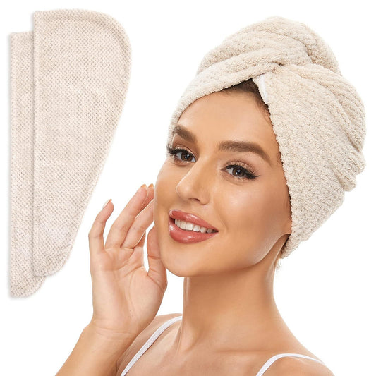 2 Pack Microiber Hair Towel Wrap or Women, Anti rizz Quick Drying Hair Turban or All Hair Style, Absorbent V1259-DP01-E-596