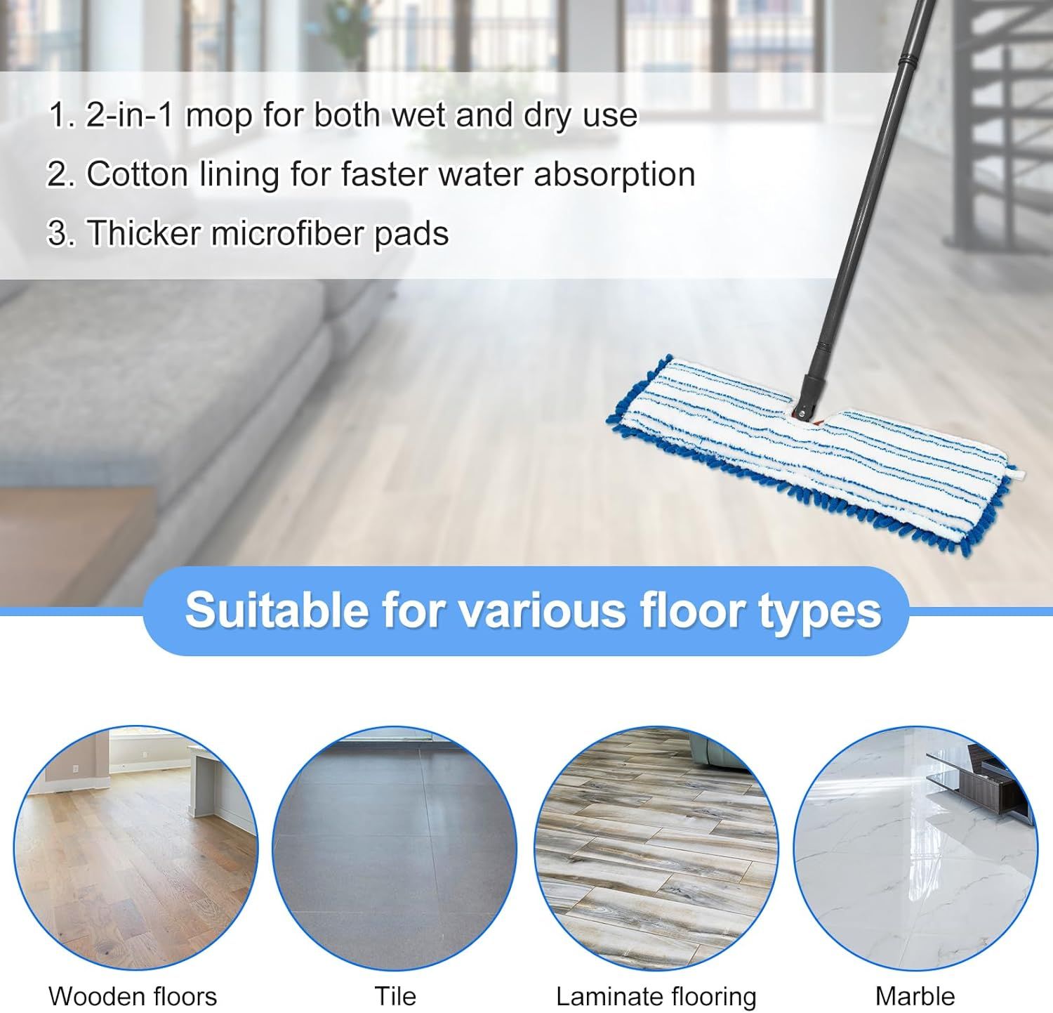 3 Pack Mop Heads Replacements Compatible or Ocedar Dual-Action Microiber lip Mop, Double Sided Mop Replace V1259-DP01-E-607