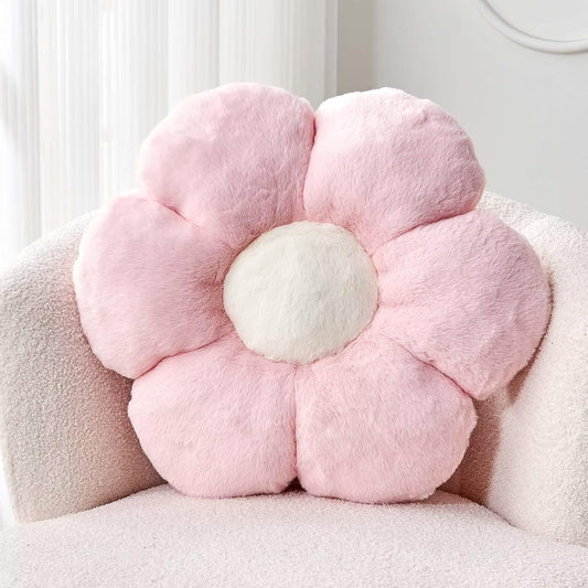 Pink Flower Pillow, Cute Decorative Flower Shaped Throw Pillow with Faux Rabbit Fur, 14.9" Soft Flower Plush V1259-DP01-E-74