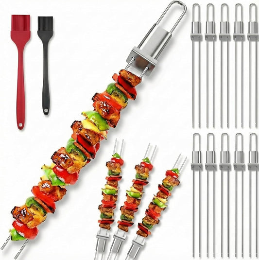 Kabob Skewers for Grilling, 10 Pack 13" Double Pronged with Push Bar, Stainless Steel BBQ Skewers with 2 V1259-DP01-E-95