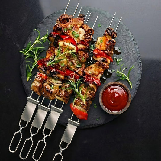 Kabob Skewers for Grilling, 10 Pack 13" Double Pronged with Push Bar, Stainless Steel BBQ Skewers with 2 V1259-DP01-E-95