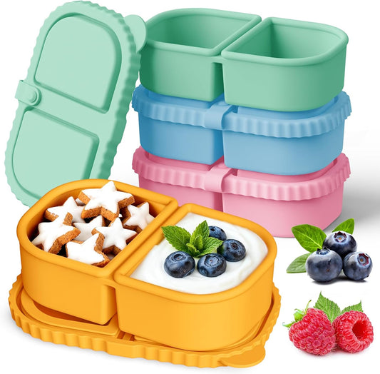 YQL 4 Pack Silicone Snack Containers with Leakproof Lids, Double-Compartment Bento Boxes for Kids & Adults, V1259-DP01-F-105