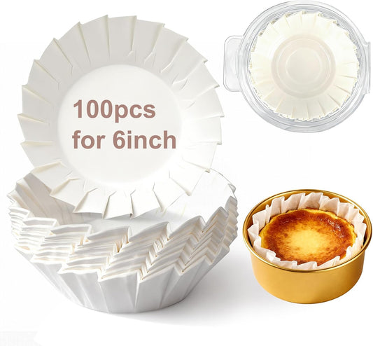 YQL 100PCS 6 Inch Disposable Basque Cake Liners, Non-Stick Parchment Baking Cups for Cheesecake, Muffin, V1259-DP01-F-108
