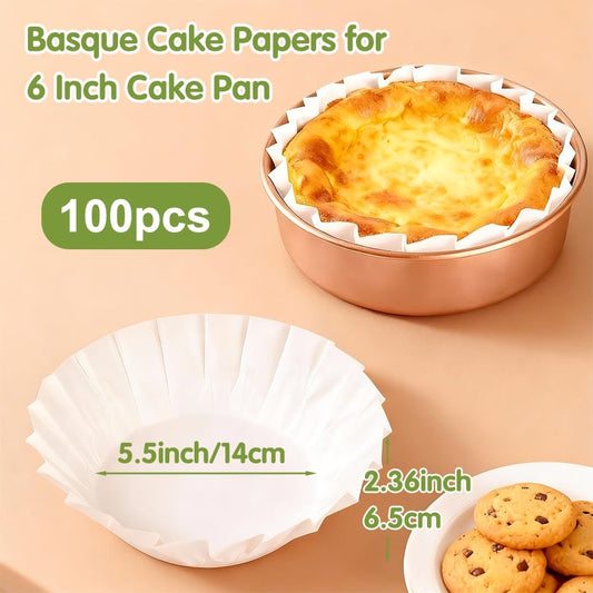 YQL 100PCS 6 Inch Disposable Basque Cake Liners, Non-Stick Parchment Baking Cups for Cheesecake, Muffin, V1259-DP01-F-108