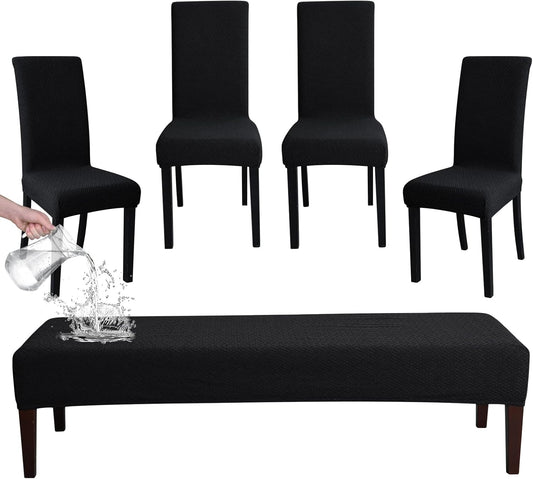 FORCHEER Dining Chair Covers and Bench Covers Set Waterproof Black Jacquard 4 Dining Room Chair and Bench V1259-DP01-F-13