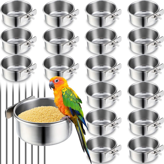 24 Pcs Stainless Steel Parrot Food Bowls Bulk 10 oz Bird Feeding Dish Cups for Cages Bird Bowls with Clamp V1259-DP01-F-134