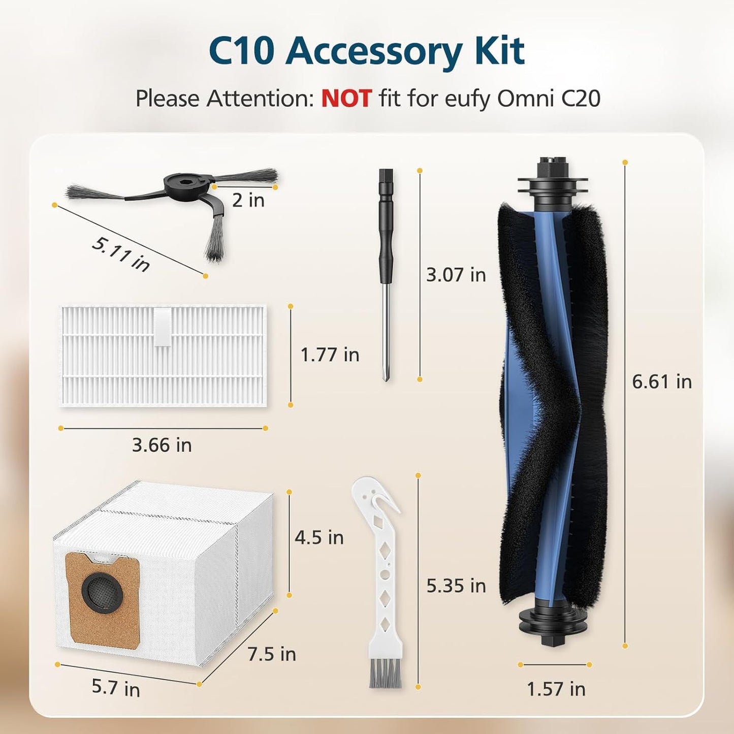 C10 Accessories or euy C10 Robot Vacuum, 22 Pack Replacement Parts Include: 2* Main Rolling Brush, 6* V1259-DP01-F-244