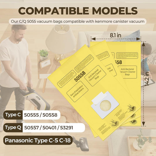 Vacuum Bags Replacement or Kenmore Canister C/Q 5055 50555 50557 50558 and Pana-sonic Type C-5 C-18 Vacuums - V1259-DP01-F-338