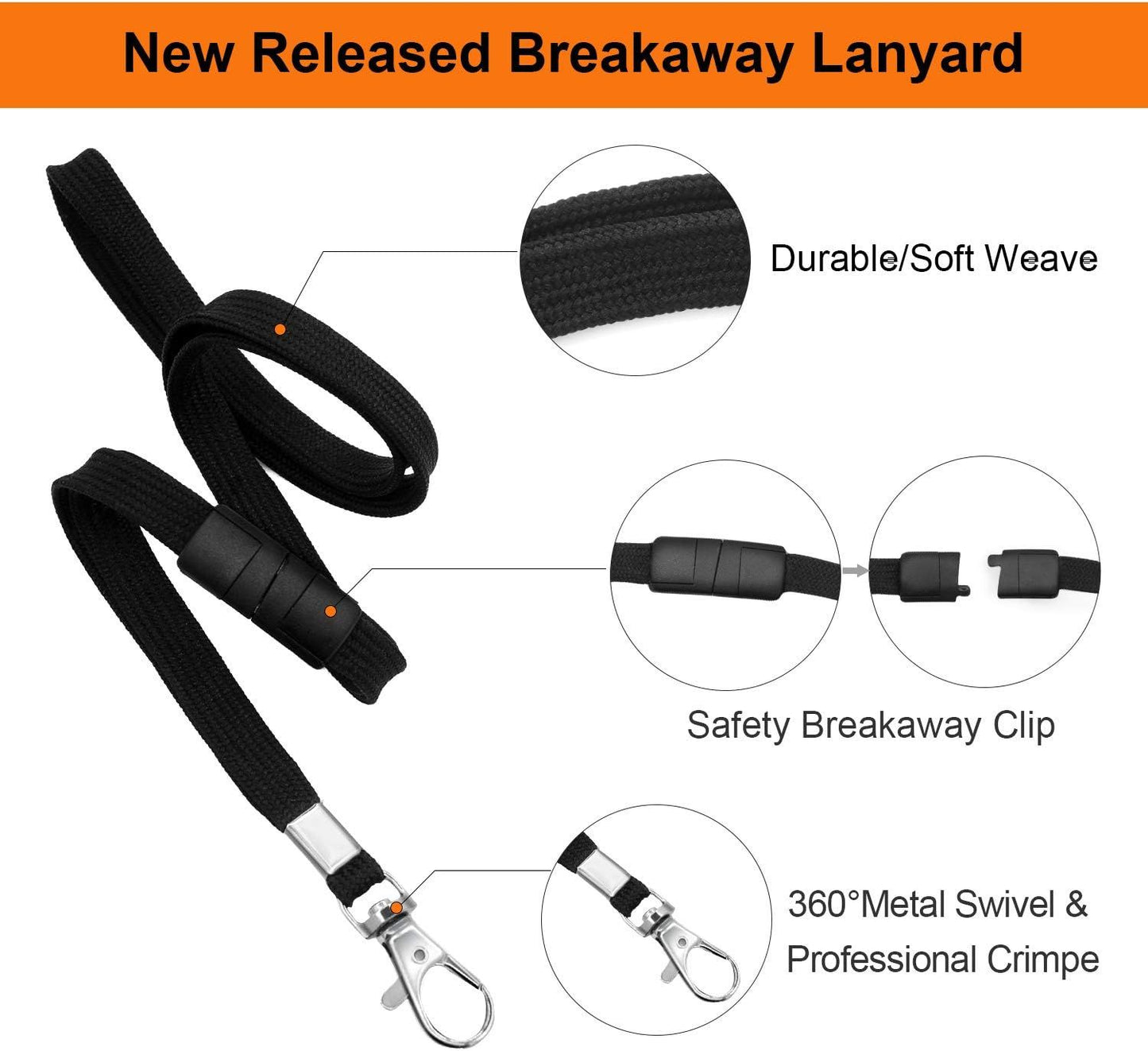 Breakaway Neck Lanyards Key Chain - Black Badge Lanyards or ID Badge Holders, Comortable Neck Straps V1259-DP01-F-377