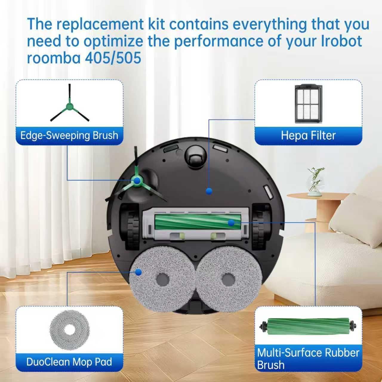 Replacement Parts Compatible with Combo 405/505, 24-Piece Set with 2 Roller Brushes, 6 Dust Bags, 6 Side V1259-DP01-F-397