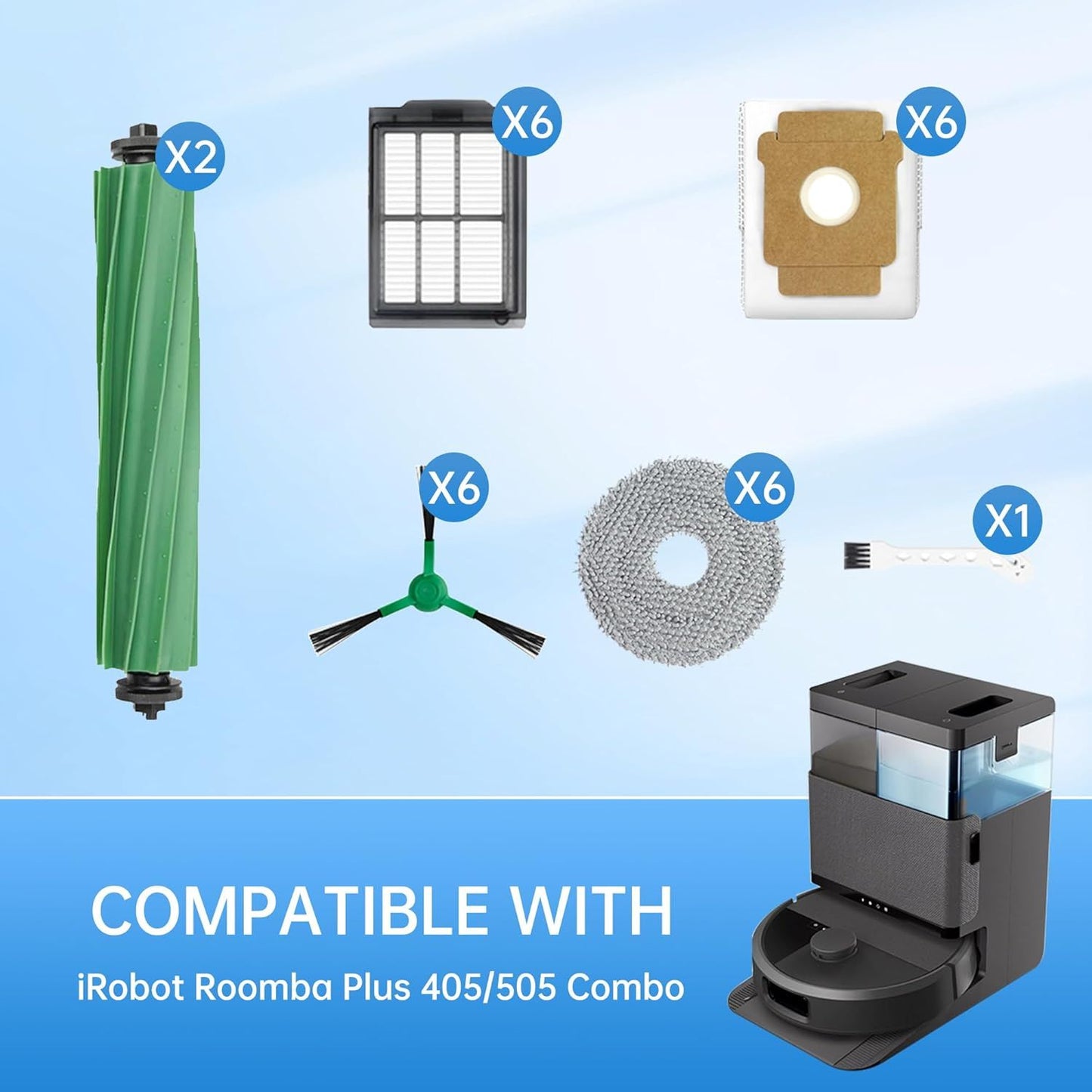 Replacement Parts Compatible with Combo 405/505, 24-Piece Set with 2 Roller Brushes, 6 Dust Bags, 6 Side V1259-DP01-F-397