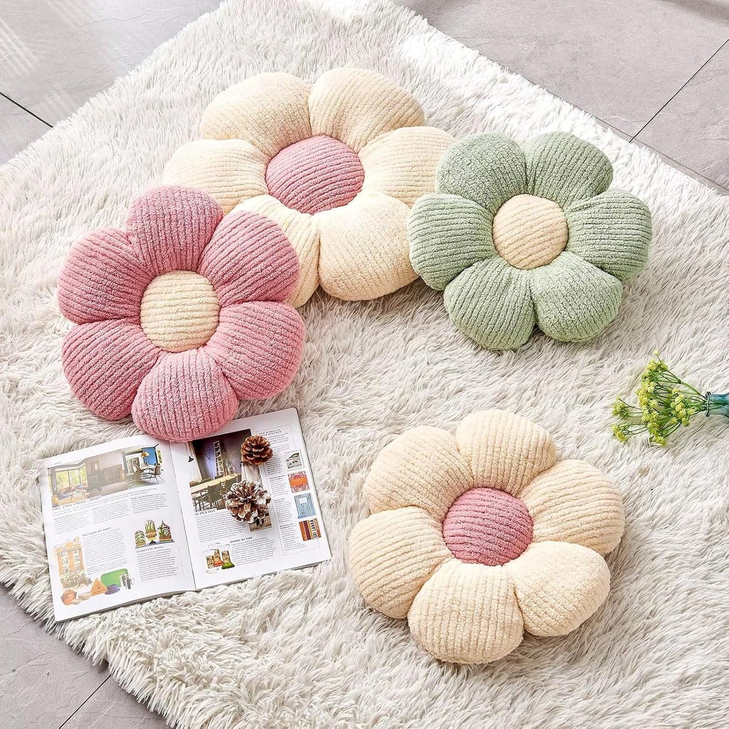 Flower Throw Pillow, Soft Sage Green 14.9" Shaped Floor Pillow for Home Decor, Cute Aesthetic Plush V1259-DP01-F-40