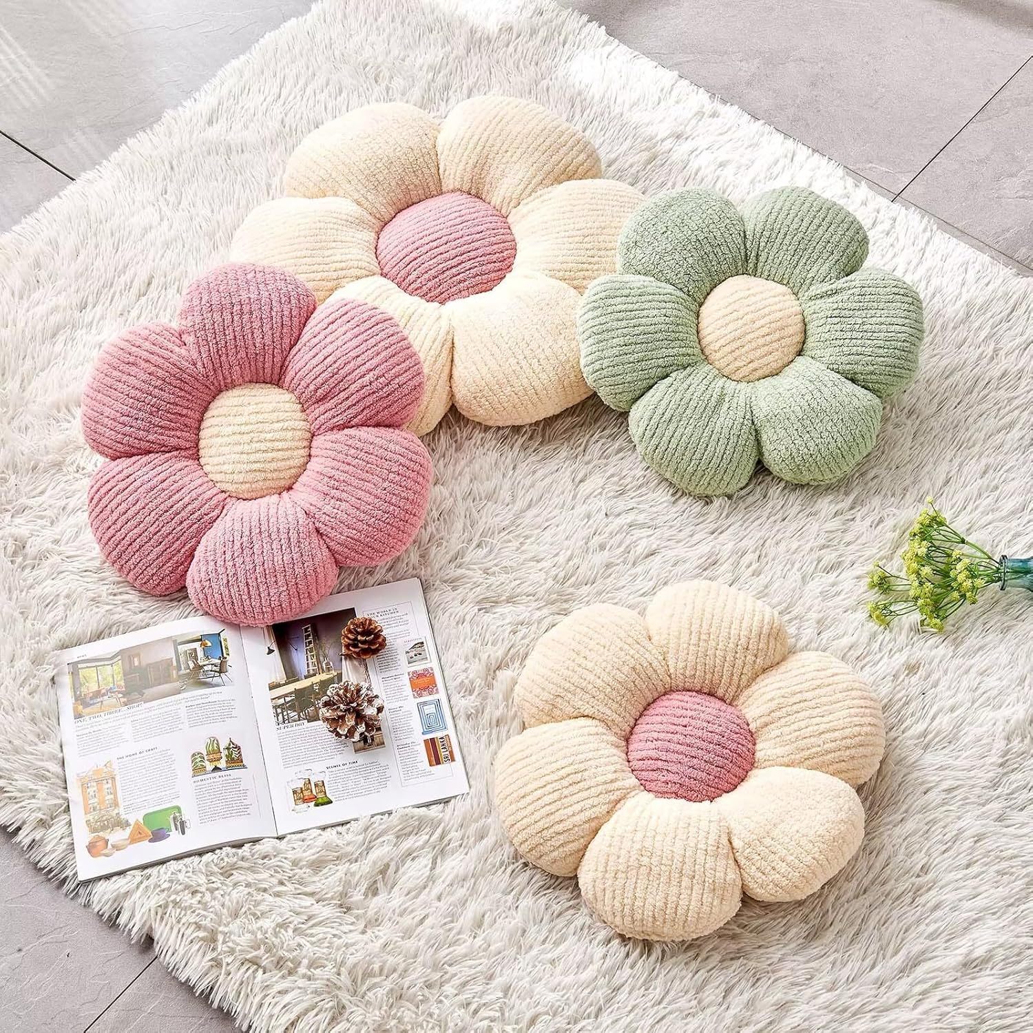 Flower Throw Pillow, Soft Sage Green 14.9" Shaped Floor Pillow for Home Decor, Cute Aesthetic Plush V1259-DP01-F-40