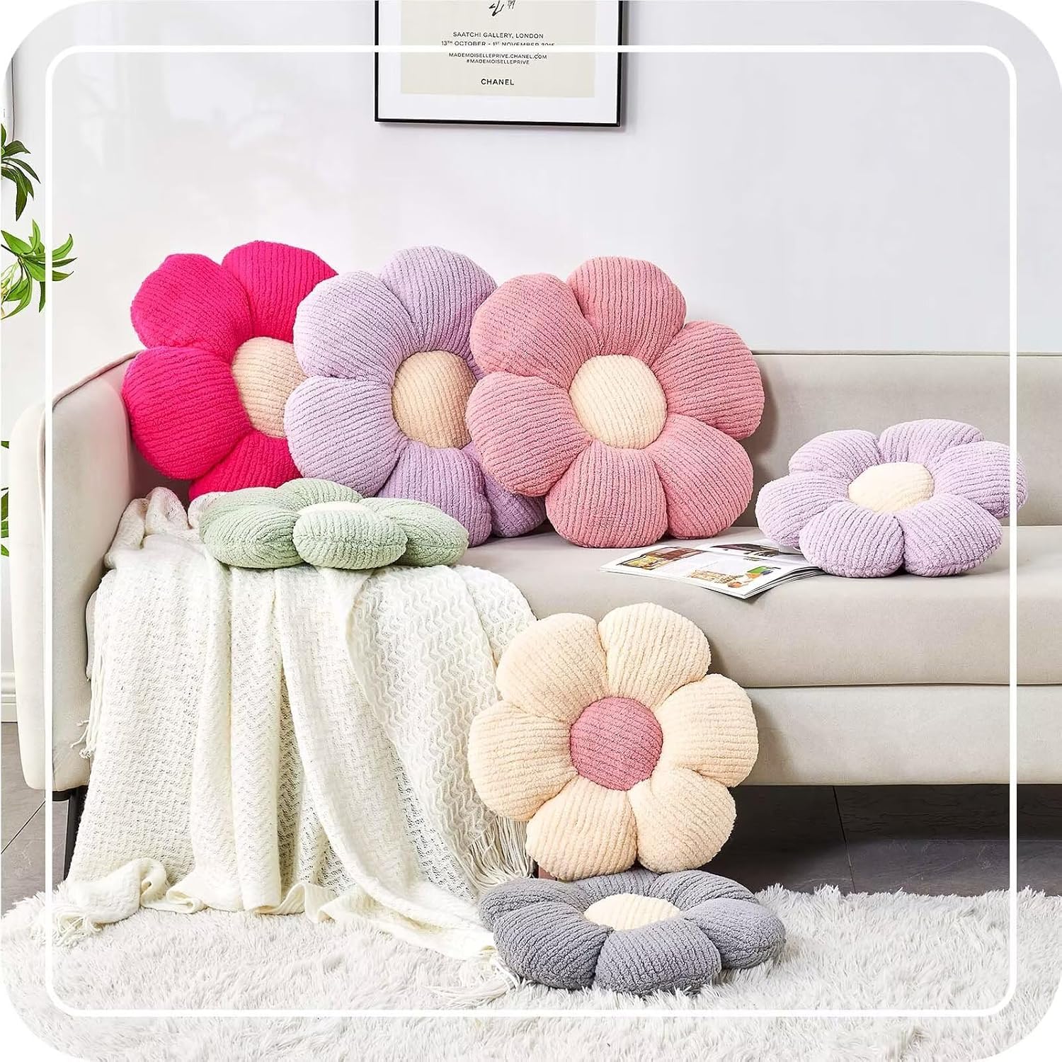 Flower Throw Pillow, Soft Sage Green 14.9" Shaped Floor Pillow for Home Decor, Cute Aesthetic Plush V1259-DP01-F-40