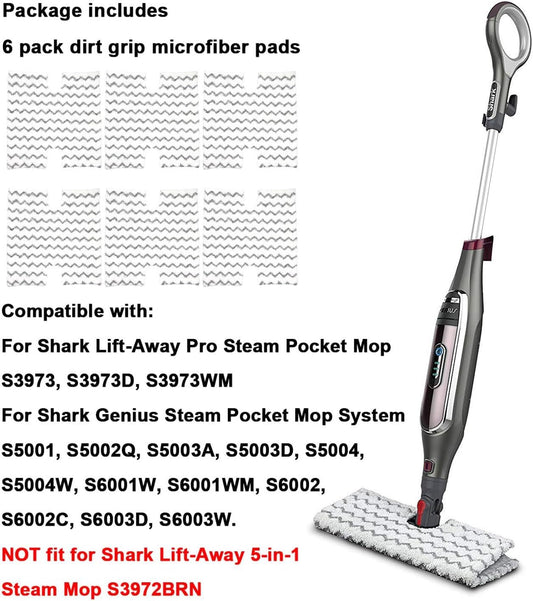 6 Pack Steam Mop Pads Replacement P184WQ or Shark Genius Steam Mop S5003D & Lit-Away Pro Steam Mop S3973 V1259-DP01-F-421
