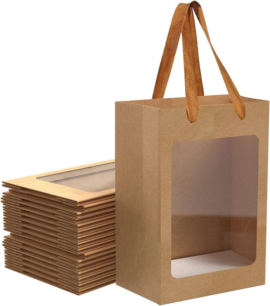 BallHull 12 Pcs Brown Paper Gift Bags with Transparent Window, 9.84"x7.0"x5.12" Kraft Shopping Bags with V1259-DP01-F-43