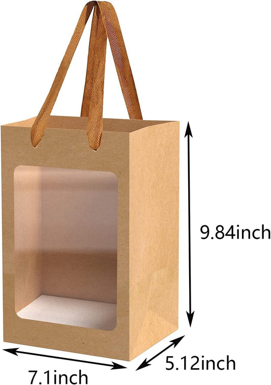 BallHull 12 Pcs Brown Paper Gift Bags with Transparent Window, 9.84"x7.0"x5.12" Kraft Shopping Bags with V1259-DP01-F-43