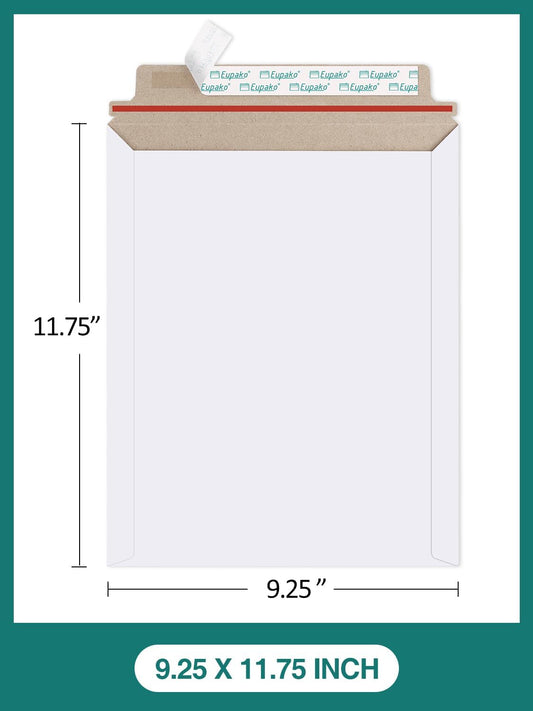 Eupako 9x11.5" 25 Pack Photo Document Mailer White Stay Flat Self-Seal Cardboard Envelopes for CDs, Pictures, V1259-DP01-F-45