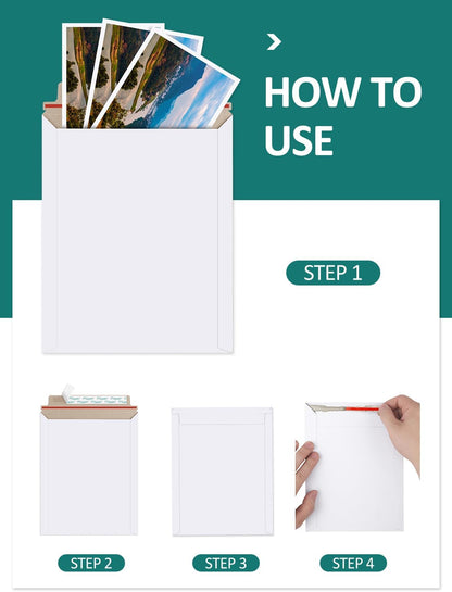 Eupako 9x11.5" 25 Pack Photo Document Mailer White Stay Flat Self-Seal Cardboard Envelopes for CDs, Pictures, V1259-DP01-F-45