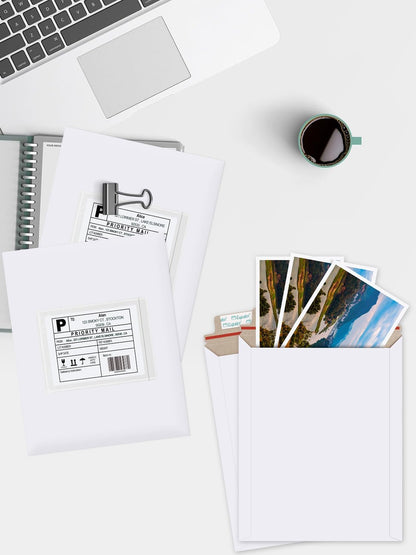 Eupako 9x11.5" 25 Pack Photo Document Mailer White Stay Flat Self-Seal Cardboard Envelopes for CDs, Pictures, V1259-DP01-F-45