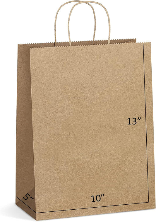 Eupako Kraft Shopping Bags 10x5x13 - 100 PCS Brown Paper With Handles, Gift Bulk, Party Favor, Merchandise, V1259-DP01-F-46