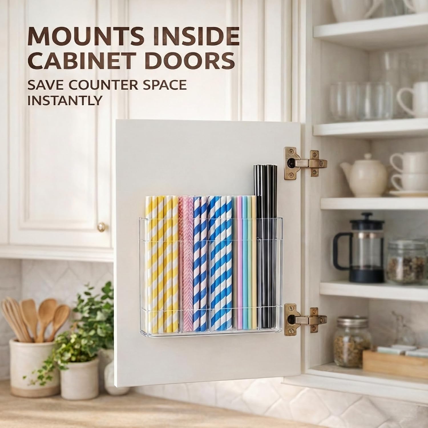 Fengzhe 9.5" Acrylic Straw Holder for Cabinet Door - Reusable Space-Saving Organizer with Strong Double-Sided V1259-DP01-F-47