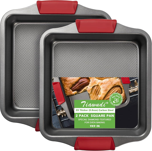 9" Square Cake Pan Set o 2, 0.8mm Thick Heavy Duty Bakeware with Diamond Texture or Even Heating, Nonstick V1259-DP01-F-475
