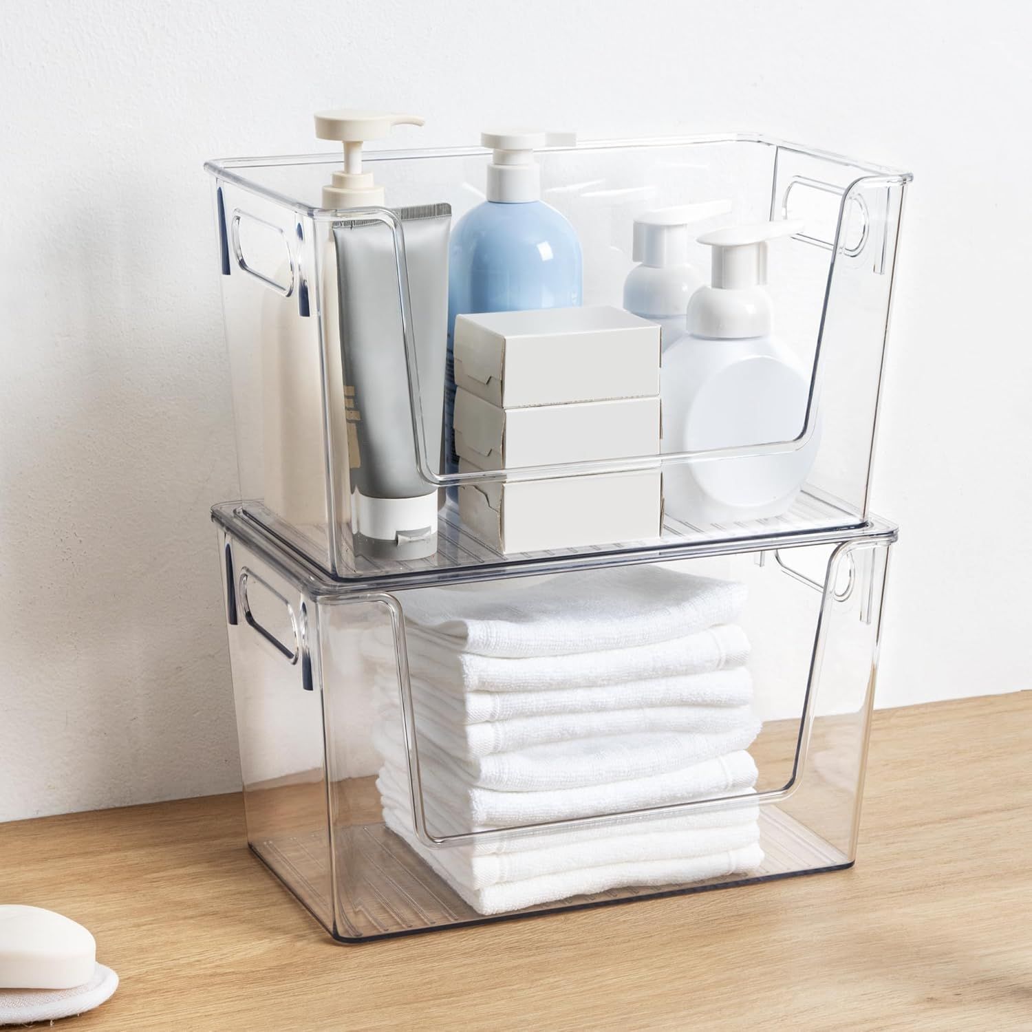 2 Pack Large Stackable Storage Bins, Plastic Container Organizer with Open ront, Pantry Organizers and V1259-DP01-F-476