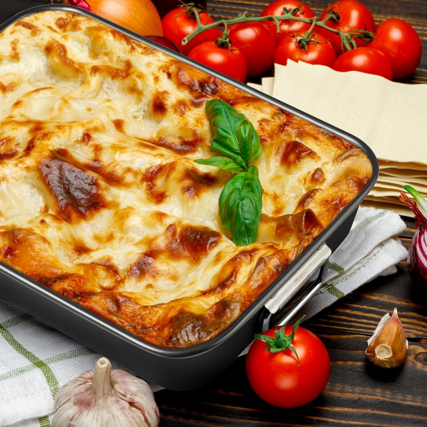 Lasagna Pan with Handles, 15x10x3 Inch Bakeware or Oven, Nonstick Rectangular Roasting Pan, Deep Baking Dish V1259-DP01-F-480