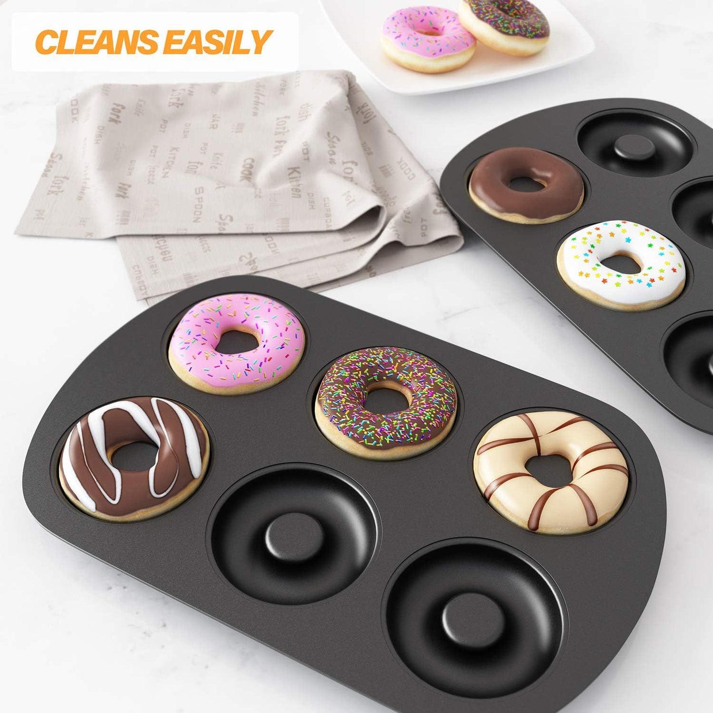 Non-Stick 6-Cavity Donut Baking Pans, Makes Individual ull-Sized 3 1/4" Donuts, Set o 3 V1259-DP01-F-481