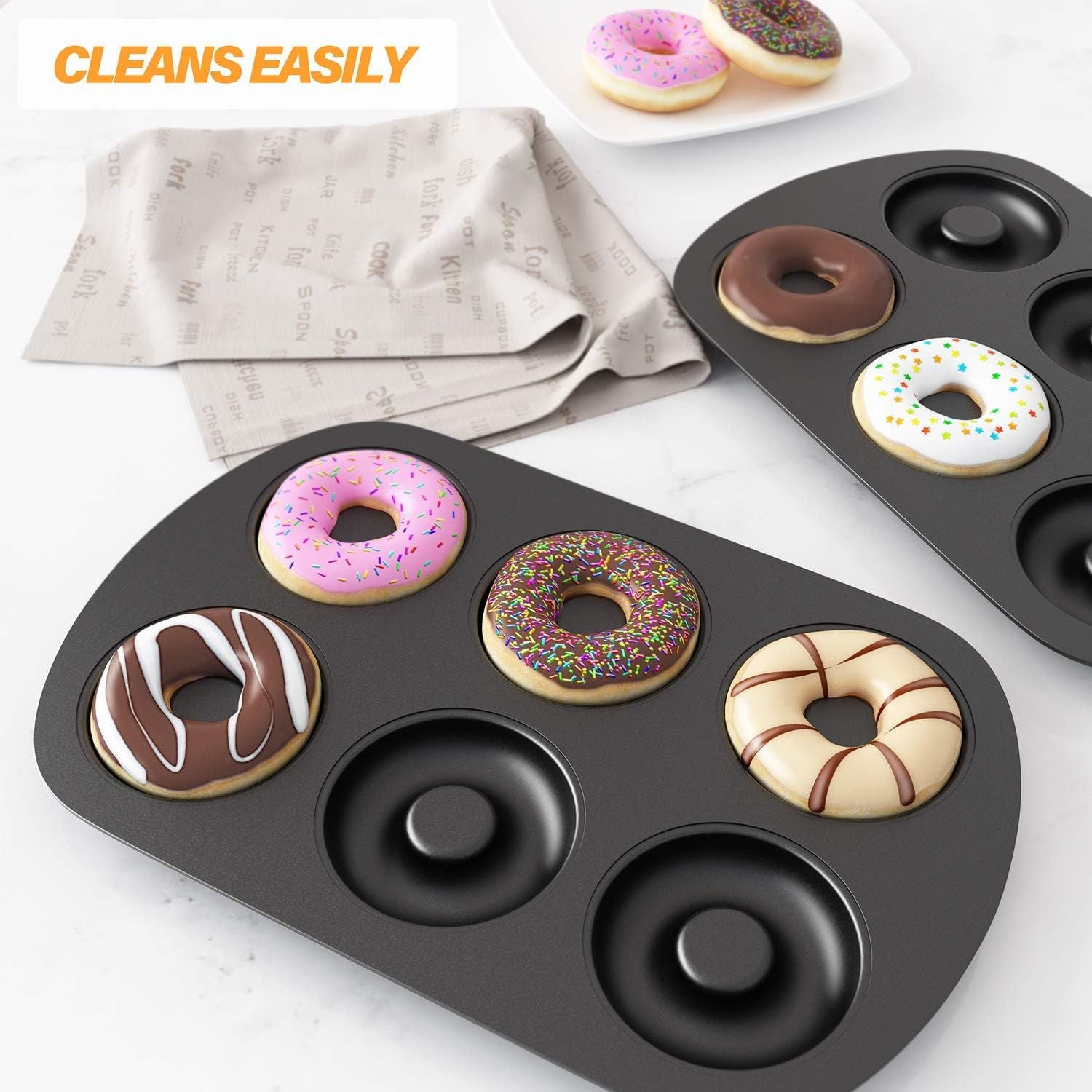 Non-Stick 6-Cavity Donut Baking Pans, Makes Individual ull-Sized 3 1/4" Donuts, Set o 3 V1259-DP01-F-481