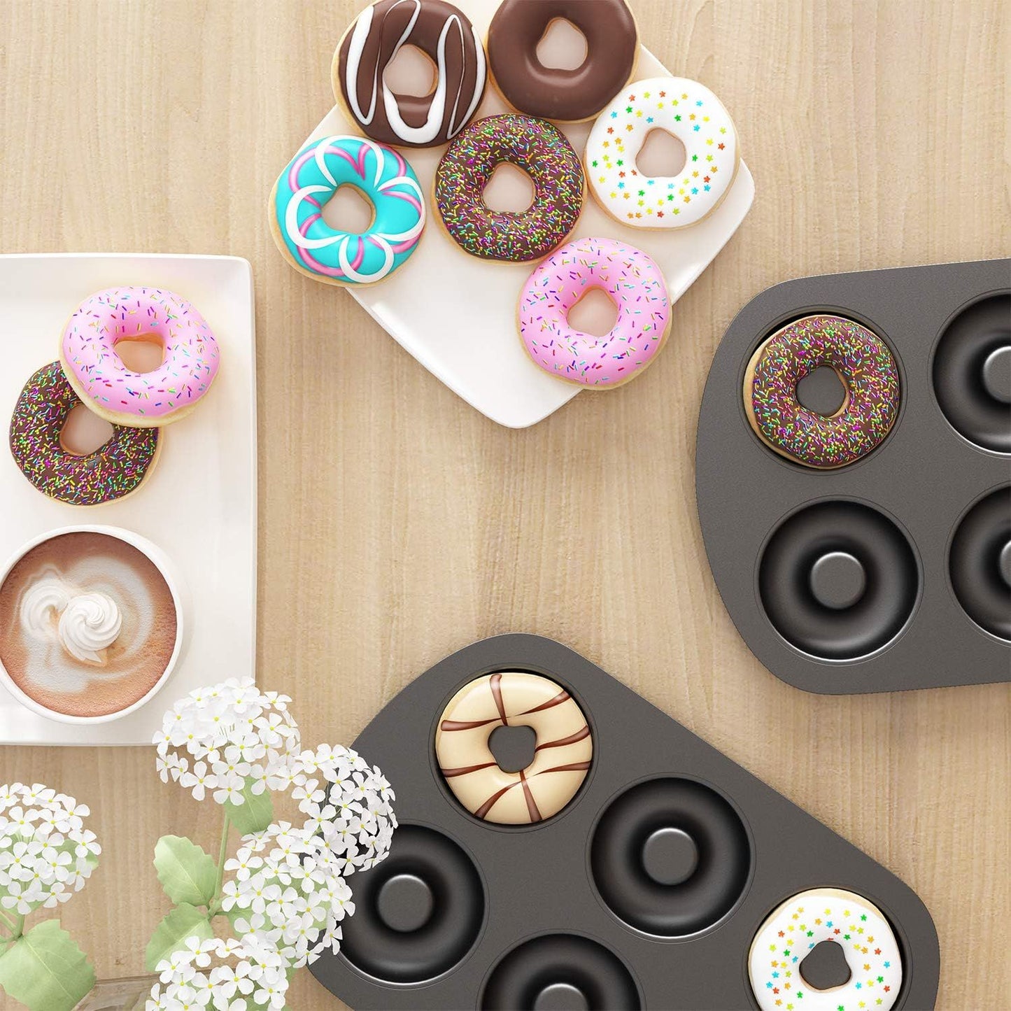 Non-Stick 6-Cavity Donut Baking Pans, Makes Individual ull-Sized 3 1/4" Donuts, Set o 3 V1259-DP01-F-481