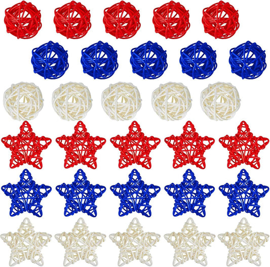 30 Pcs 4th o July Rattan Ball Decorations, Patriotic Red Blue White Stars or USA 250th Anniversary Home Decor V1259-DP01-F-493