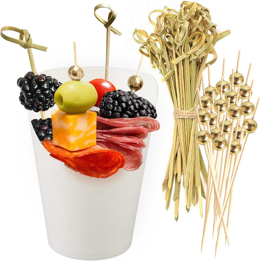 50pk 14oz White Charcuterie Cups with 200 Sticks (2 Types) - Wide Enlarged Top Cutout or Better Display - V1259-DP01-F-506