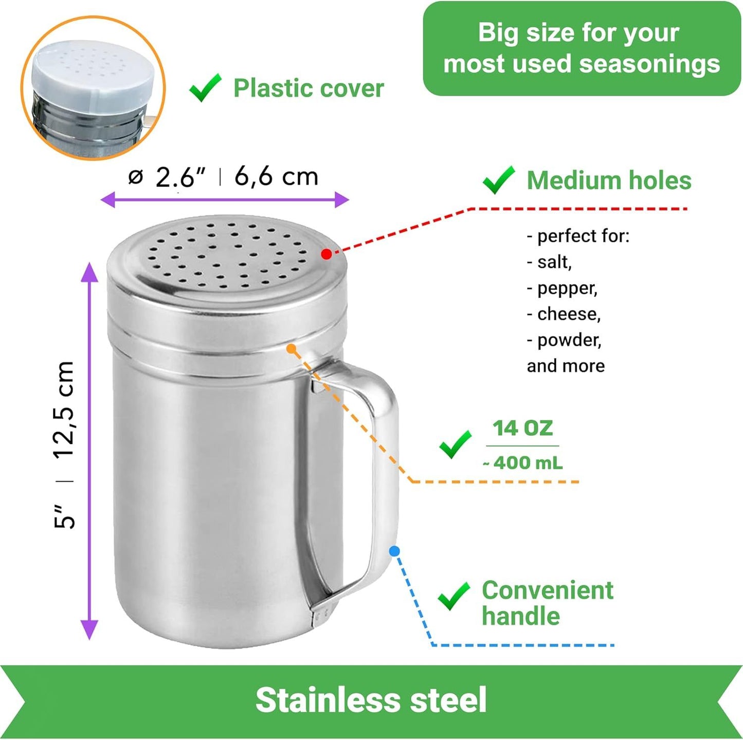 [10oz + 10oz + 14oz] Stainless Steel Dredge Shaker Bundle - by V1259-DP01-F-507
