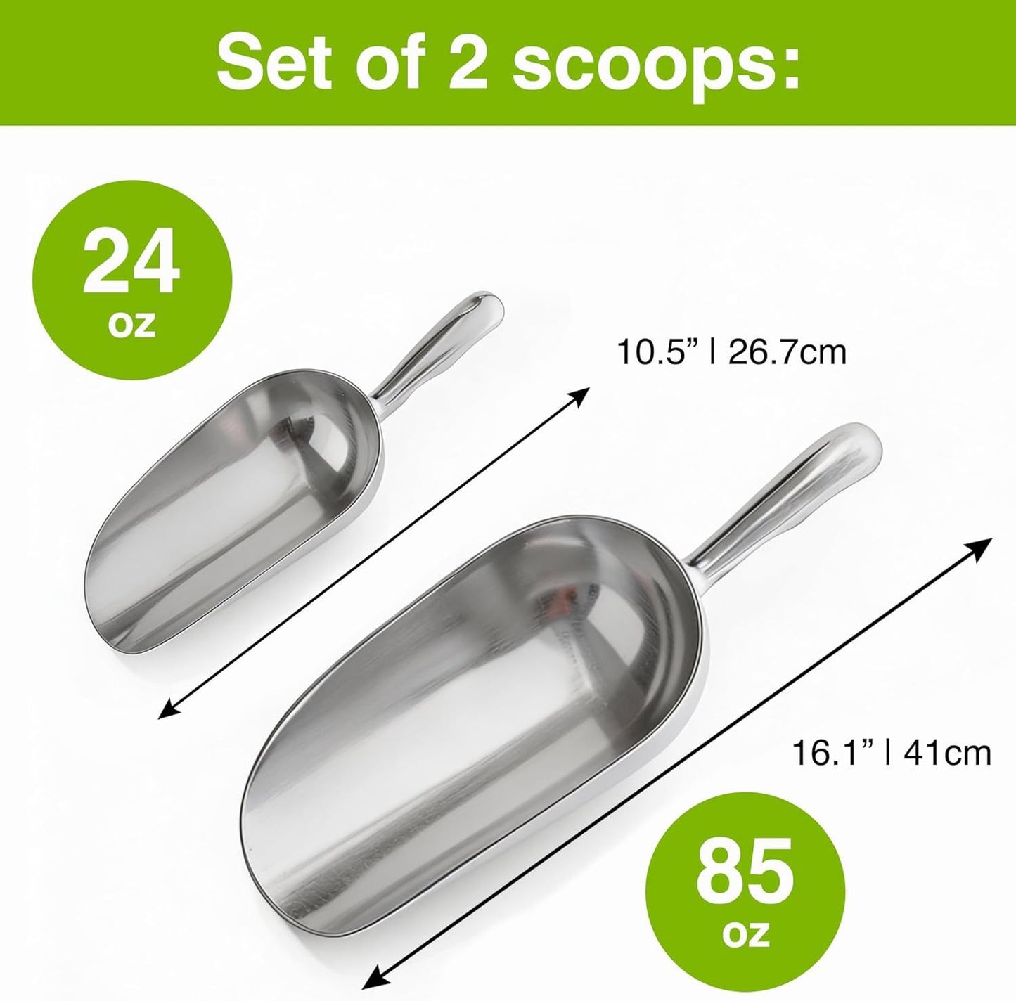 [Set o 2] 24oz + 85oz Metal Scoops or Ice Machine - Large Aluminum Ice Scoop Bundle - Hand Wash Only V1259-DP01-F-508