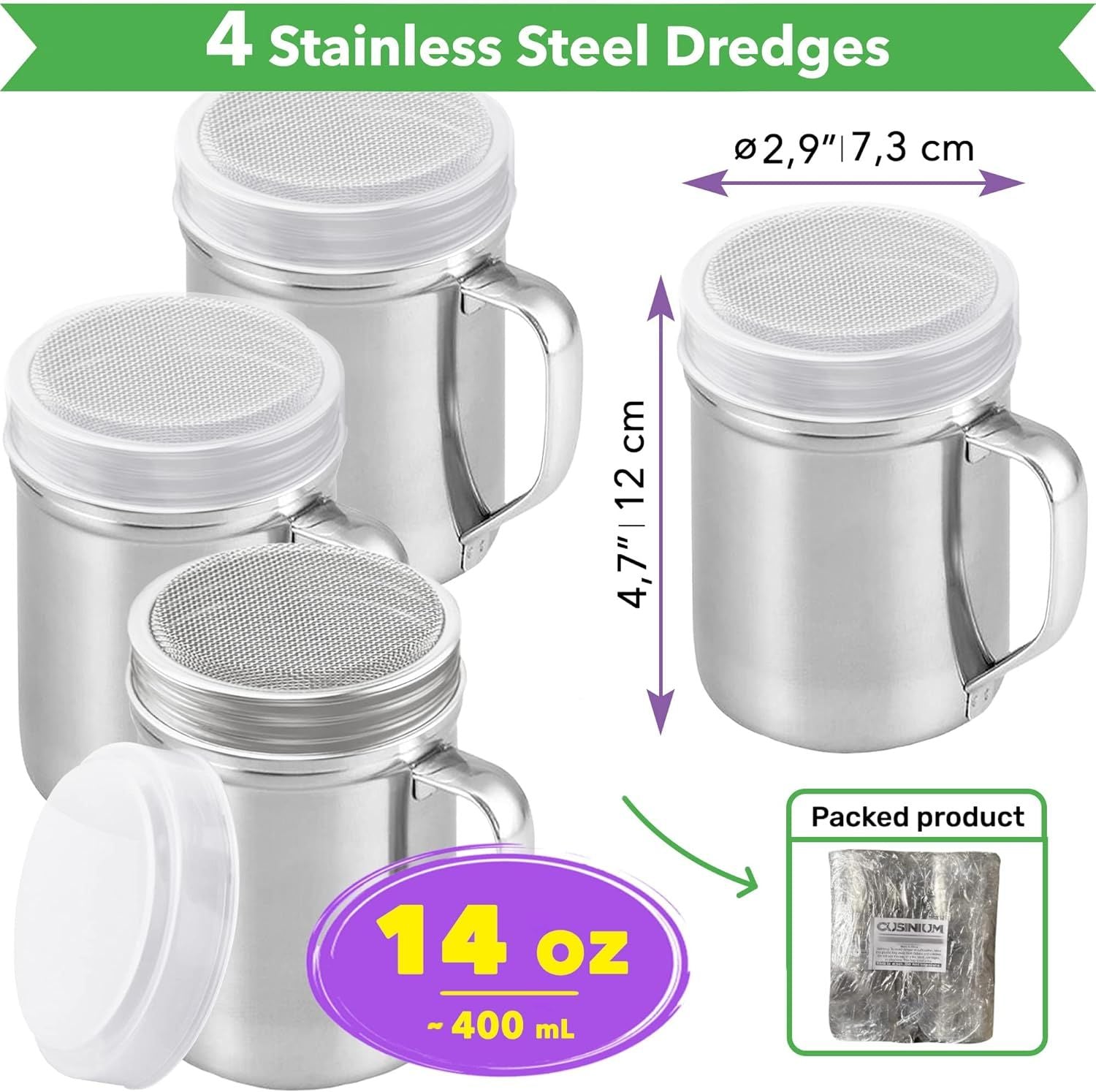 14 Ounce Powdered Sugar Shaker Duster With Handle - ine Mesh - With Plastic Cap - Pack o 4 V1259-DP01-F-509