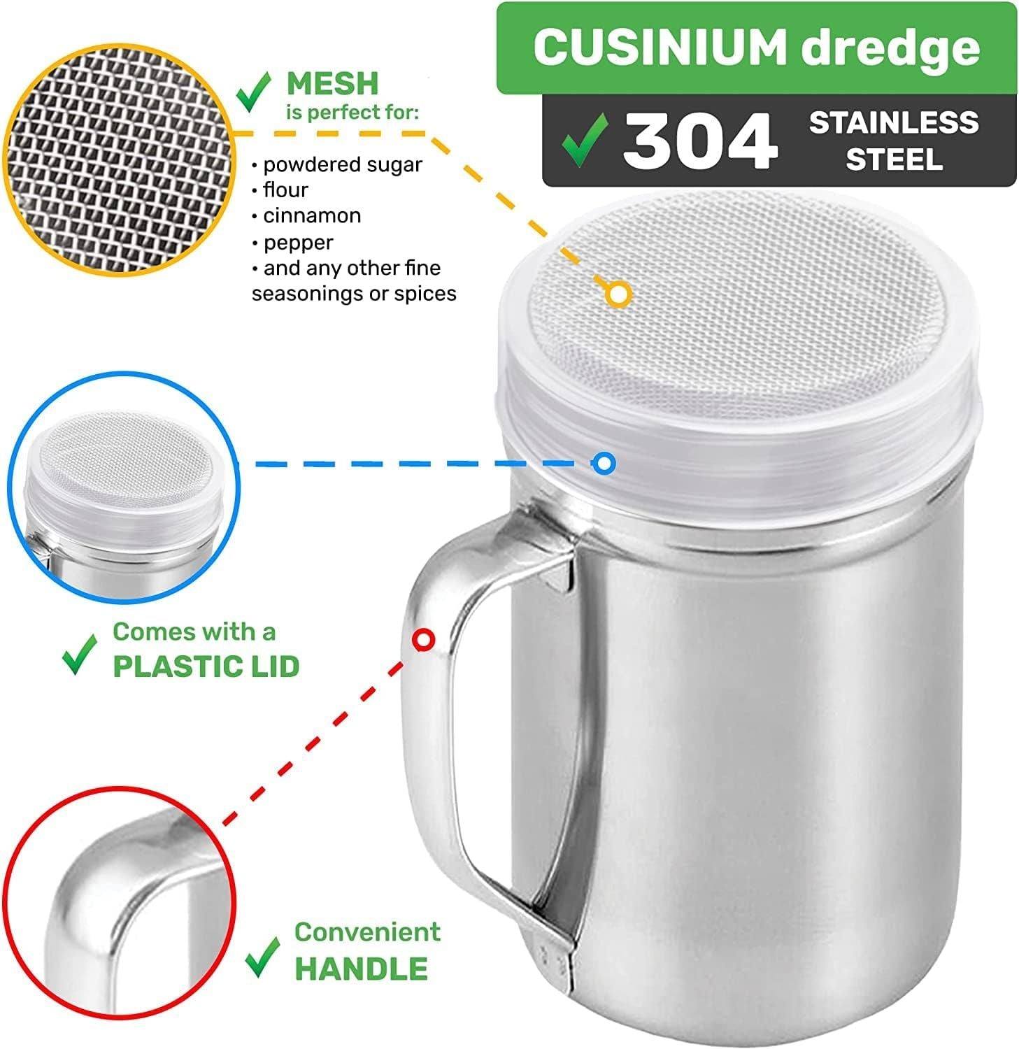 14 Ounce Powdered Sugar Shaker Duster With Handle - ine Mesh - With Plastic Cap - Pack o 4 V1259-DP01-F-509