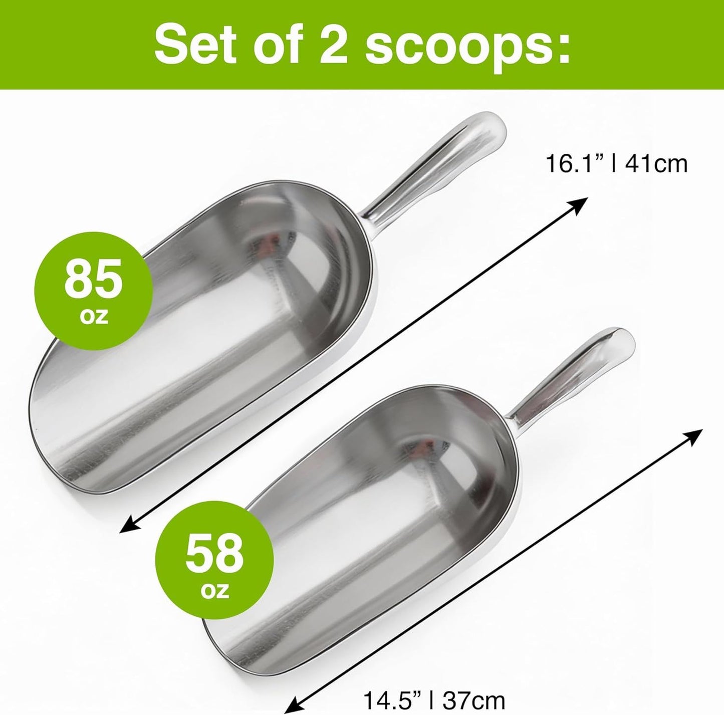 [2-Pack] 58oz + 85oz Metal Scoops or Ice Machine - Large Aluminum Ice Scoop Set - Hand Wash Only V1259-DP01-F-510