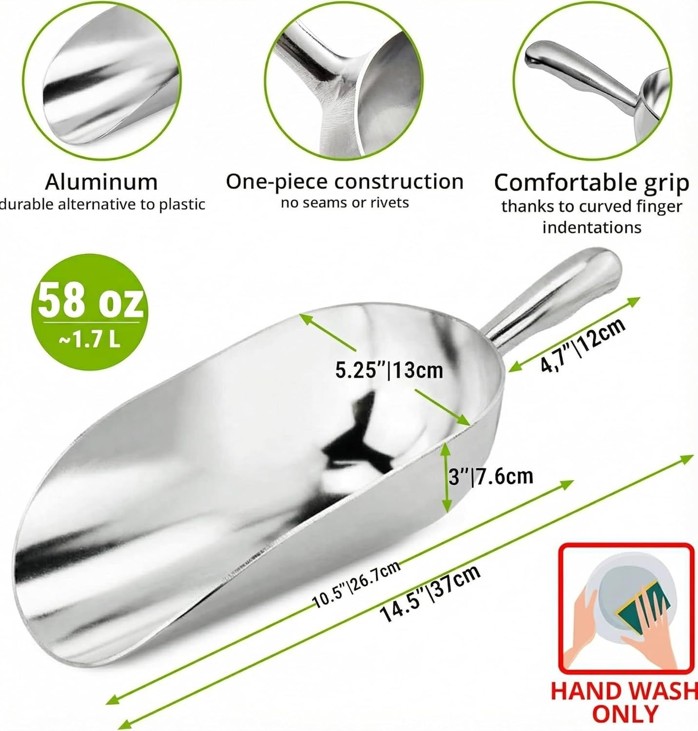 [2-Pack] 58oz + 85oz Metal Scoops or Ice Machine - Large Aluminum Ice Scoop Set - Hand Wash Only V1259-DP01-F-510