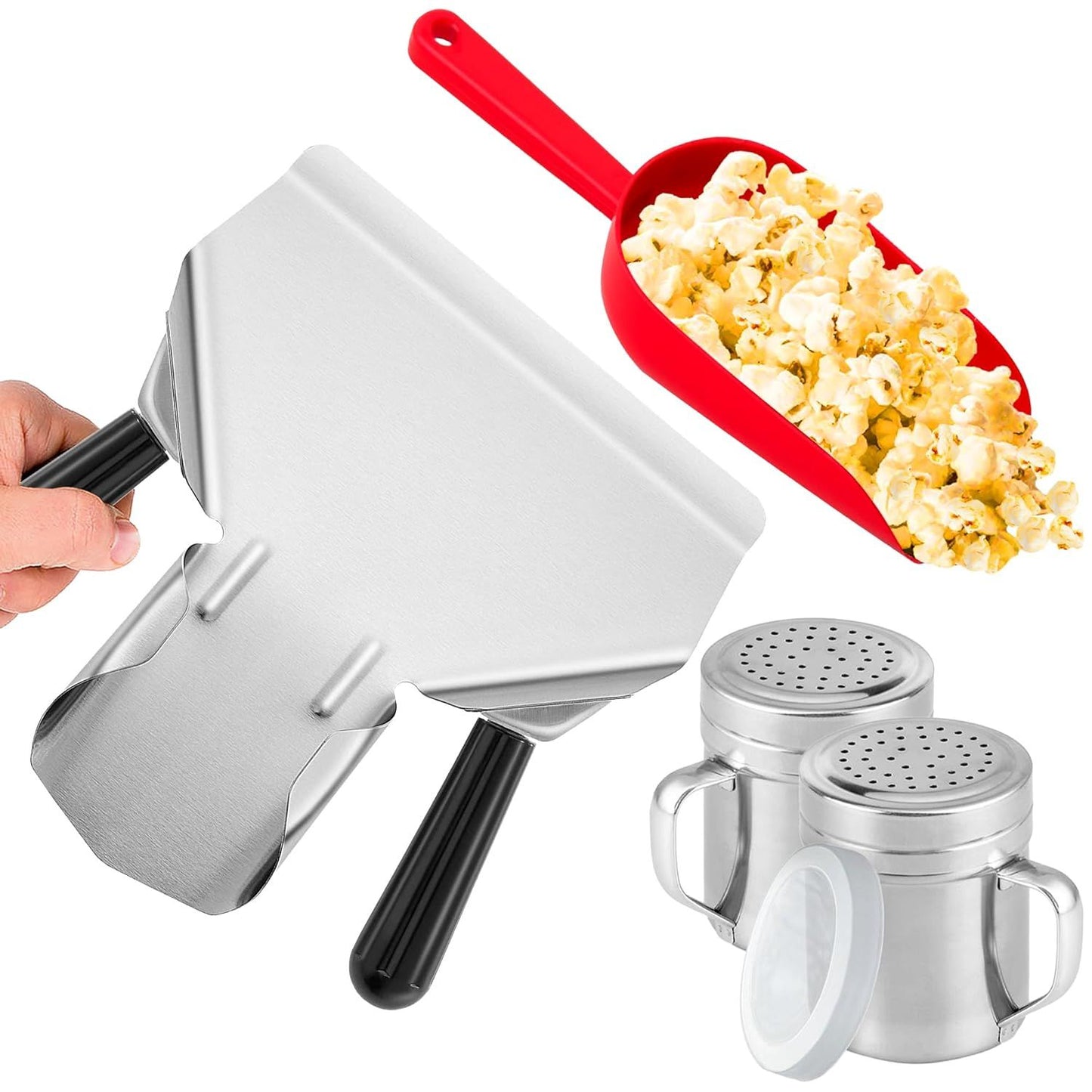 Double Handle Concession Popcorn Scoop + 16 oz Red Popcorn Plastic Scoop + [2-pcs] 10 oz Dredge Shakers Bundle V1259-DP01-F-511